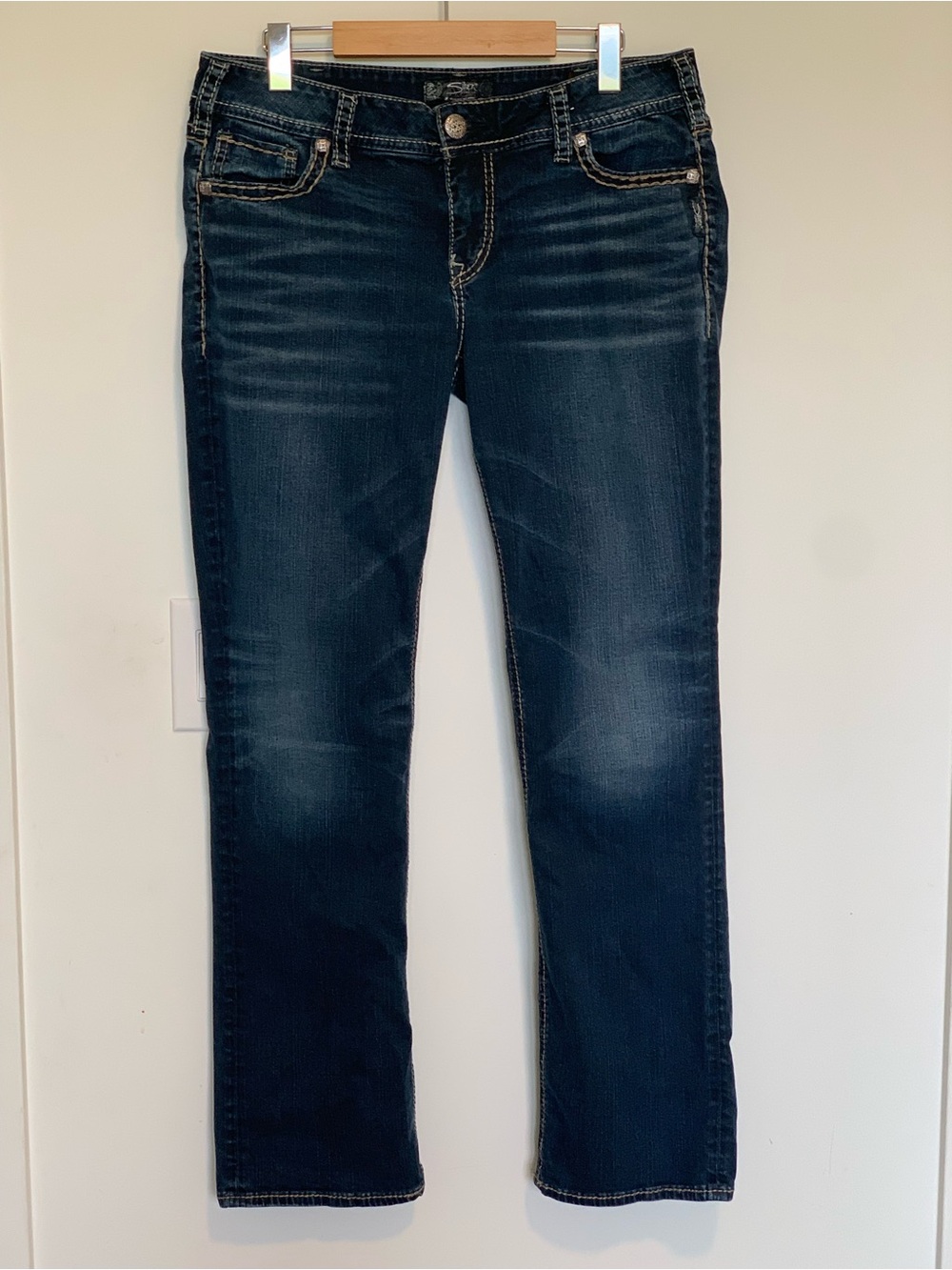 Silver Suki Mid Straight Jeans women’s 34 by 32 length stretch dark wash denim